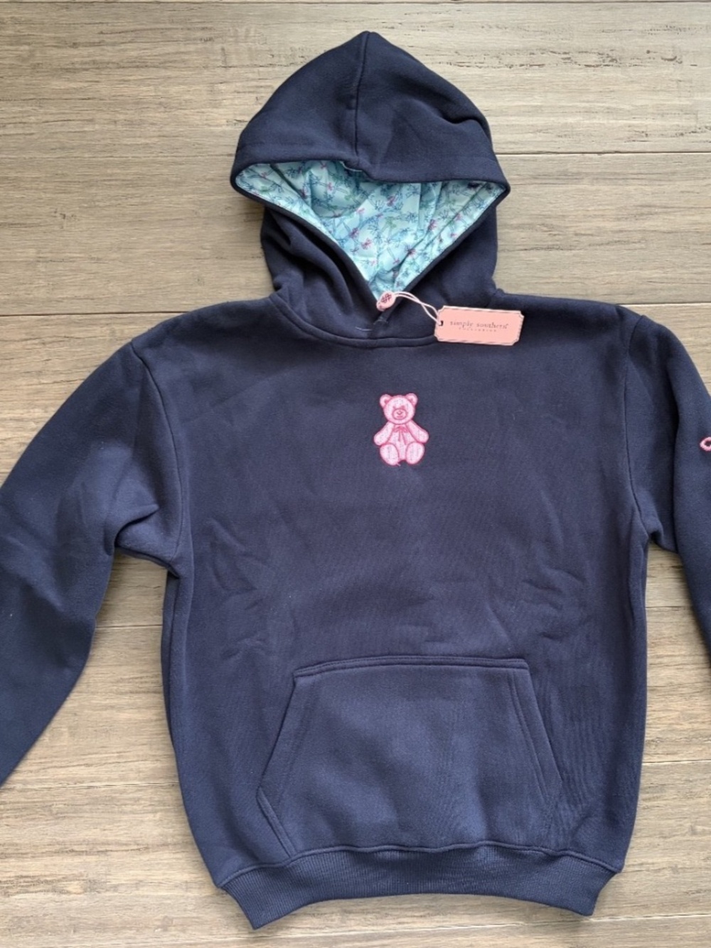 NWT Simply Southern Youth Large Navy Hoodie Sweet Pink Bows Teddy Bears Girls